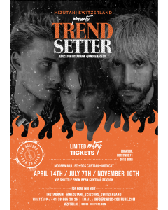 Werbeflyer für das Event 'Trend Setter' von Mizutani Switzerland mit Educator @andremacedo. Schwarzweiß-Foto von drei modisch gestylten Models vor einem dunklen Hintergrund, darunter oranger Bereich mit Flammenmuster. Eventdaten: April 14, Juli 7 und Nove